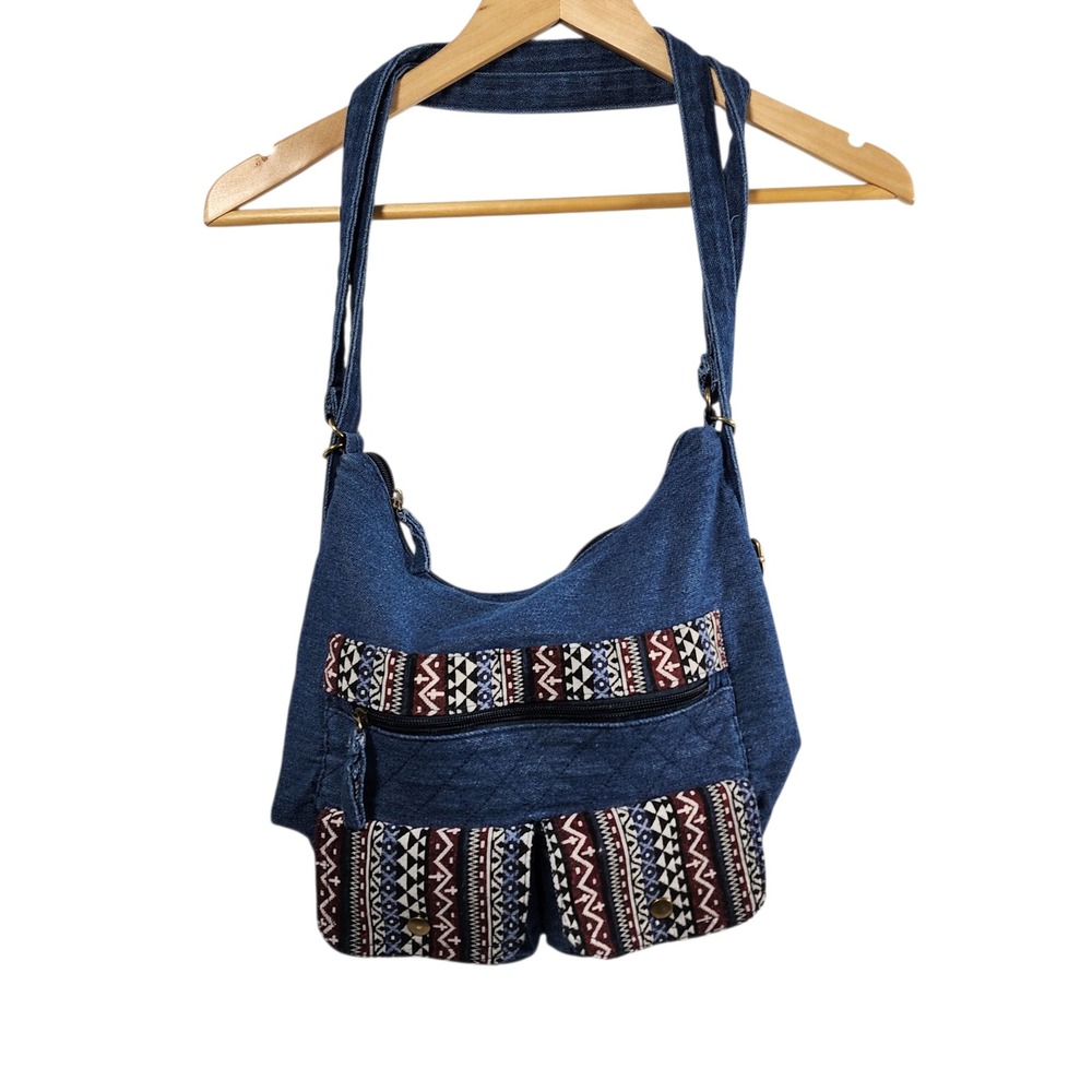Gold Coast Denim Boho Crossbody‎ Bag Tribal Print Pockets Backpack